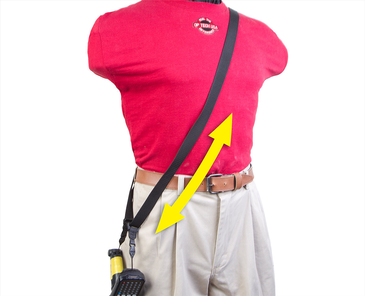 Scanner freely glides up and down the sling.