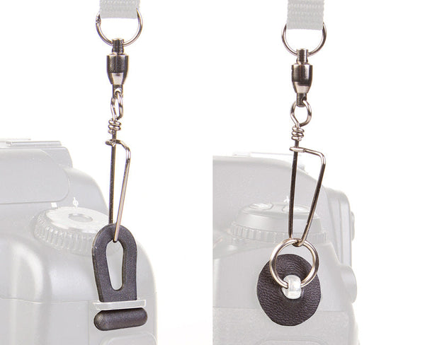 The Tiny Mighty Swivel can be used with Slot-Style (left) and Lug-Style (right) strap connection areas